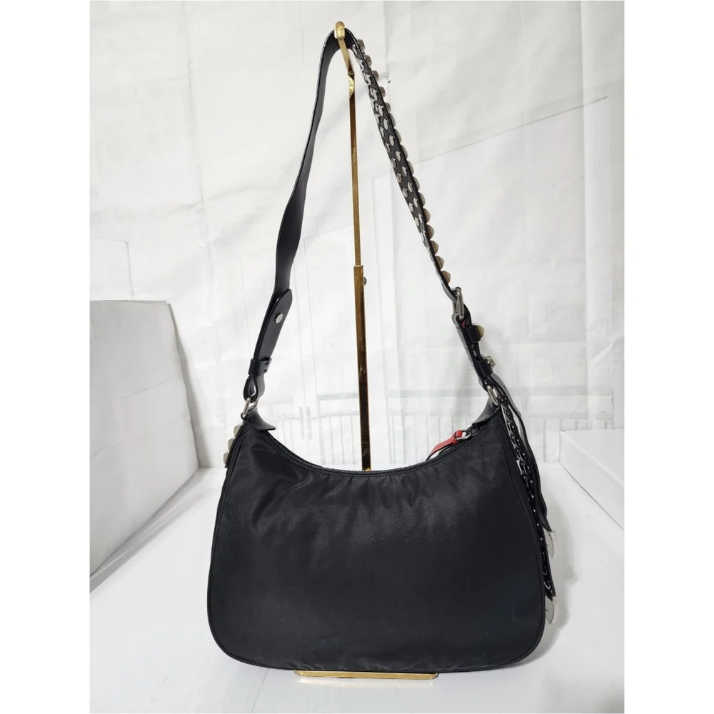 PRADA Tessuto Nylon Studded New Vela Hobo Bag Black